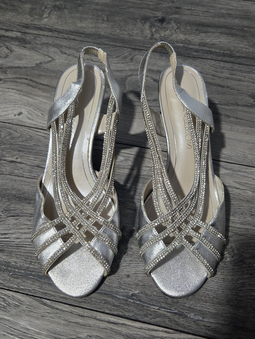 Caparros Silver Glitter Slingback Sandal Heels Rhinestone Straps